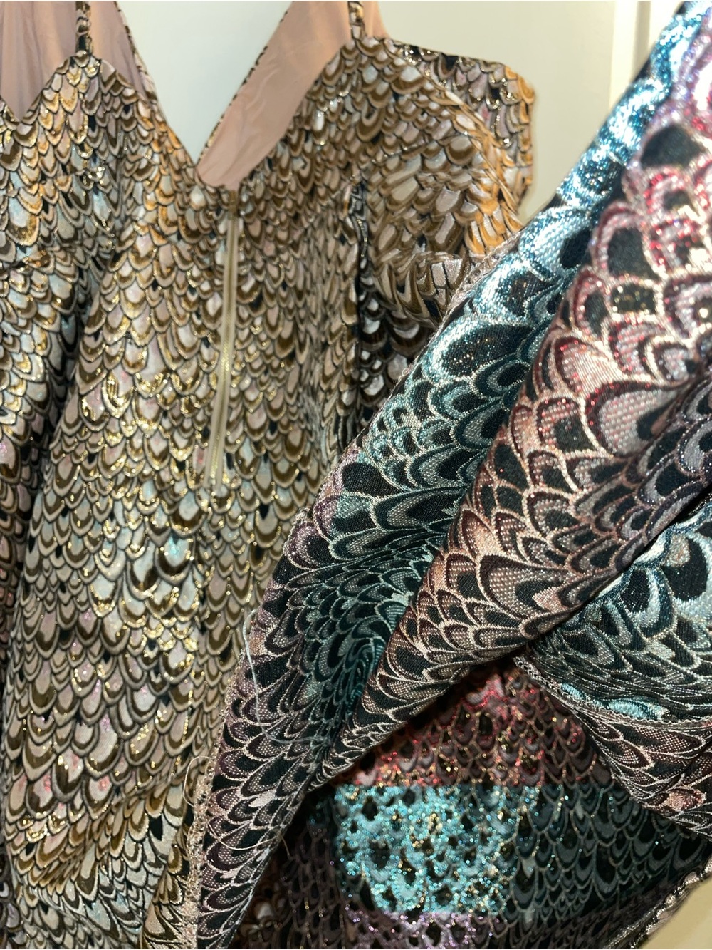 Fashion Nova Metallic Scale-Pattern Mini Dress in Gold/ Multicolor